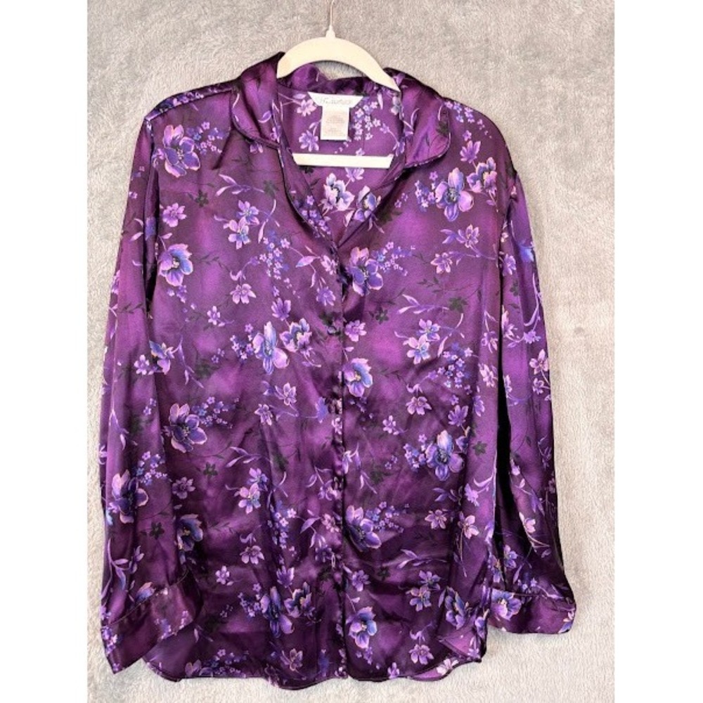 Secret‎ Treasures Purple Floral Satin Pajama Top Long Sleeve Button Down Large